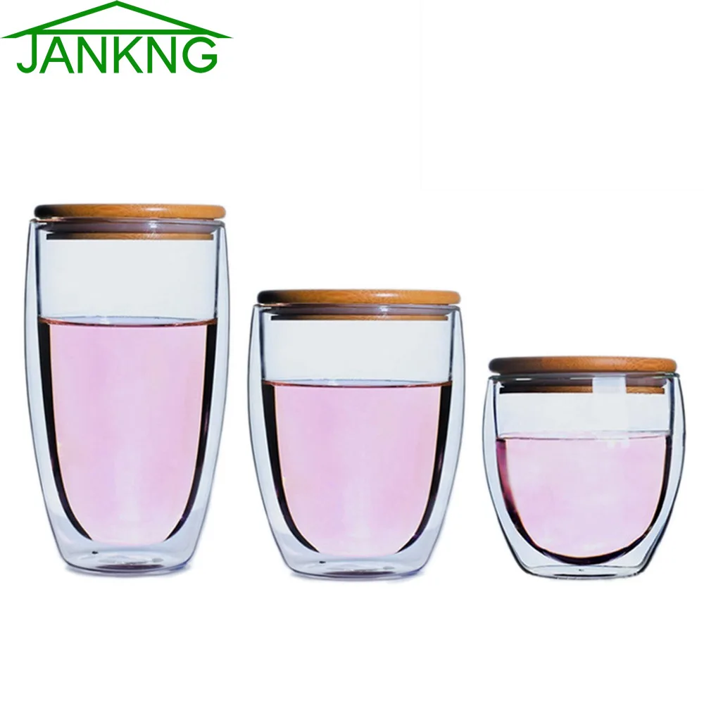 

JANKNG Heat-resistant Tea Glass Cup with Bamboo Cover Clean Double Wall Glass Mug Coffee Handmade Creative Transparent Drinkware