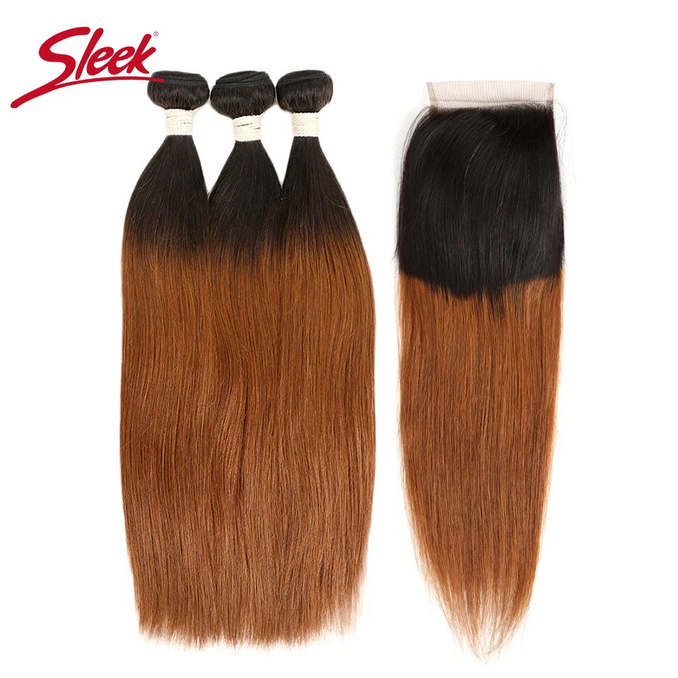 Sleek Hair Non-Remy Peruvian Straight Hair Bundles T1B/30 100% Human Hair 3 Bundles With Closure Hair Extensions Free Shipping
