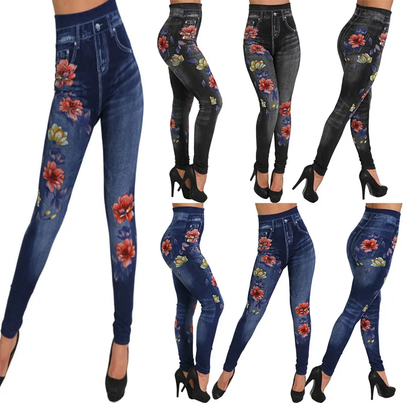 2019 весна новый бутик моды Повседневная Женская высокая имитация джинсовой тонкий Простой стрейч леггинсы элегантный темперамент
