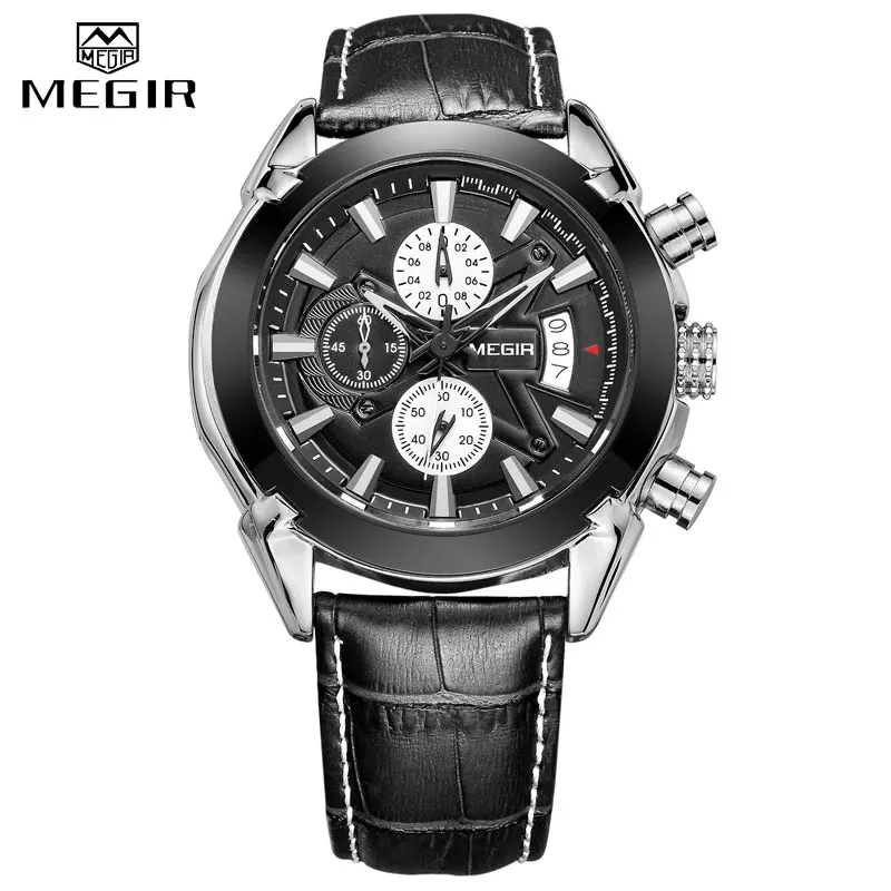 Часы MEGIR из натуральной черной кожи, мужские роскошные брендовые кварцевые часы для гонок, мужские Студенческие часы с хронографом, наручные часы - Цвет: Черный