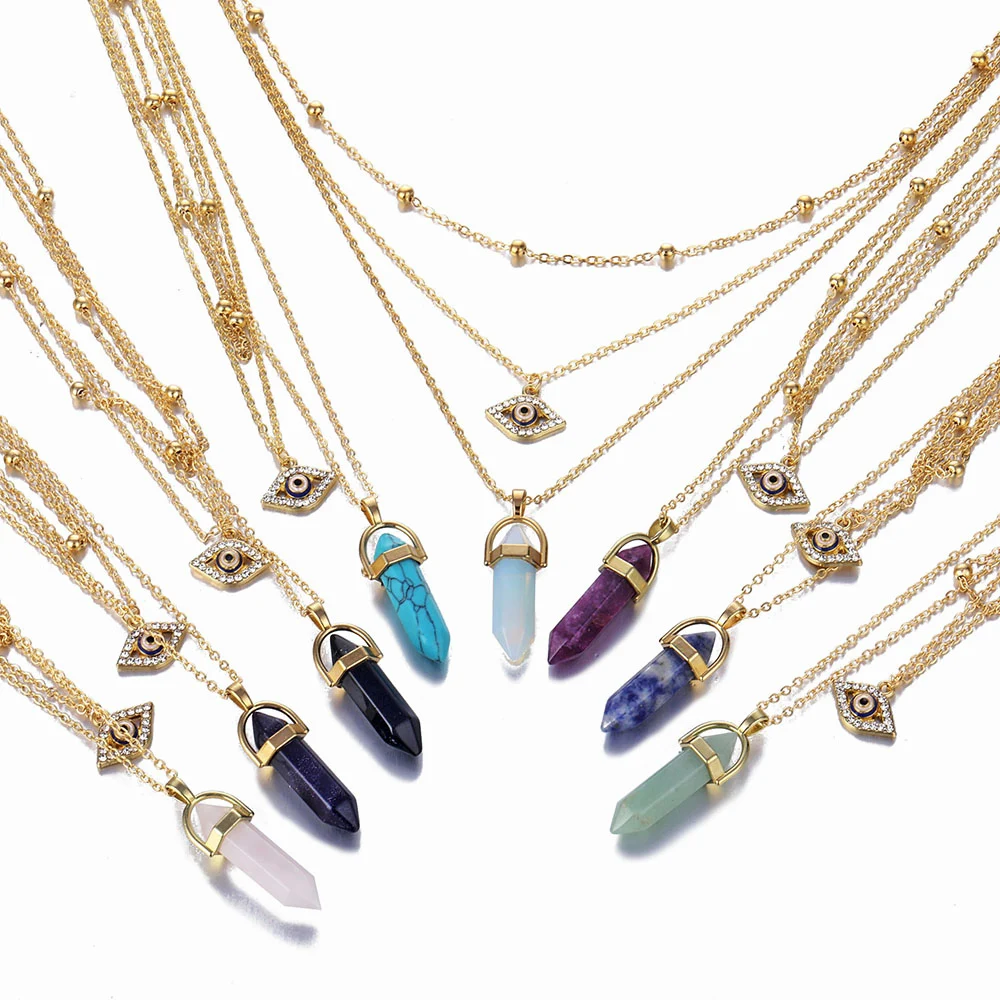 

Fashion Hexagonal Opal Bead Choker Necklace Vintage Multilayer Crystal Eye Pendant Necklace Bohemian Stone Jewelry for Women