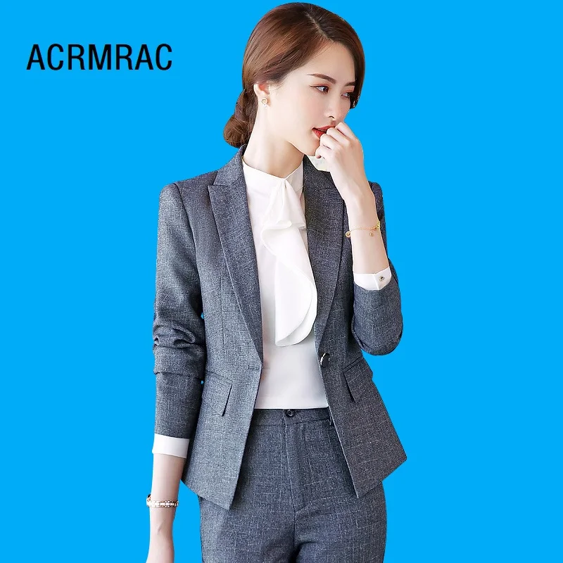 

Women suits Slim spring gray Plaid jacket Pants 2-piece set OL Formal Women pants suits Woman set suits 1822