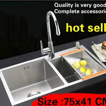 Квартира кухня ручная раковина двойной паз пищевой прочный 304 нержавеющая сталь высокого качества Горячая 75x41 см