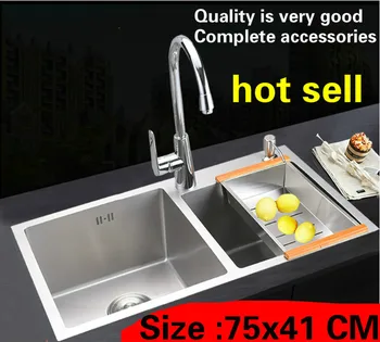 Online Free Shipping Apartment Kitchen Manual Sink Double Groove Food Grade Durable 304 Stainless Steel High-grade Hot Sell 75x41 CM