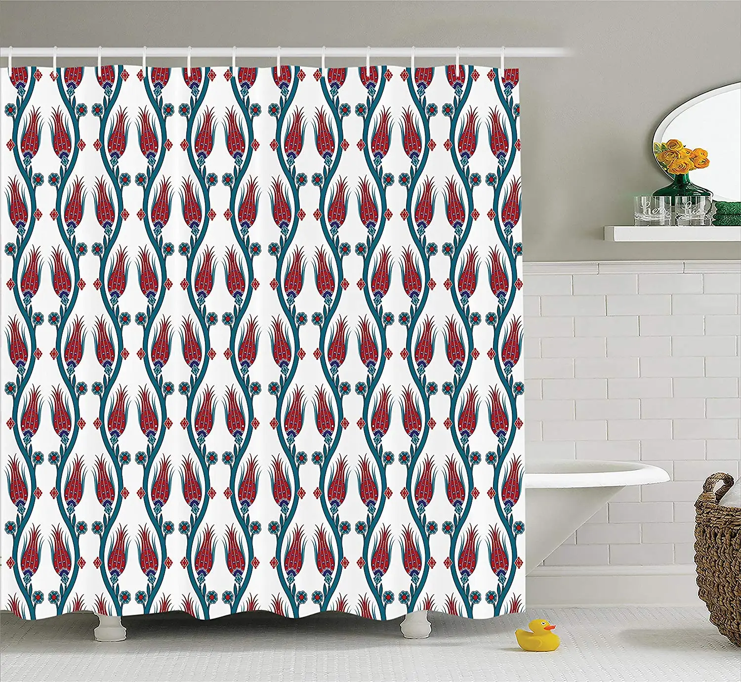 buy Flower Decorations Shower Curtain Set, Ottoman Art Stylized Tied Vertical Bound Mosaic Tulip Motifs with Leaf Details Decor