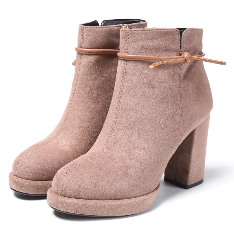 

Women Shoe Winter Boot High Heel Ankle Round Toe Square Heel Zip Flock Platform Solid Casual Fashion Lady Pump Footwear