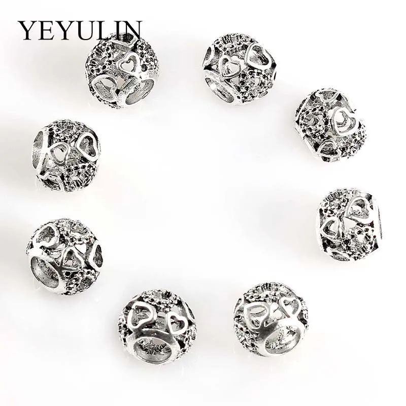 

10 Pcs Silver Plated Color Love Heart Pattern Big Hole Beads For Making European Charms Necklace Trendy Jewelry Accessories