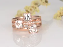 MYRAY Natural 3 Stone 5mm Cushion Cut Pink Morganite Stone Diamond Antique Vintage Engagement Ring 14k Rose Gold Women Rings 14k