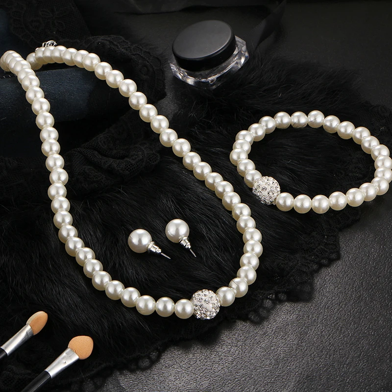 New Fashion Classic Imitation Pearl Necklace Earring Set Clear Crystal Elegant Party Gift Women Wedding Pearl Jewelry Sets CT115 - Image 3