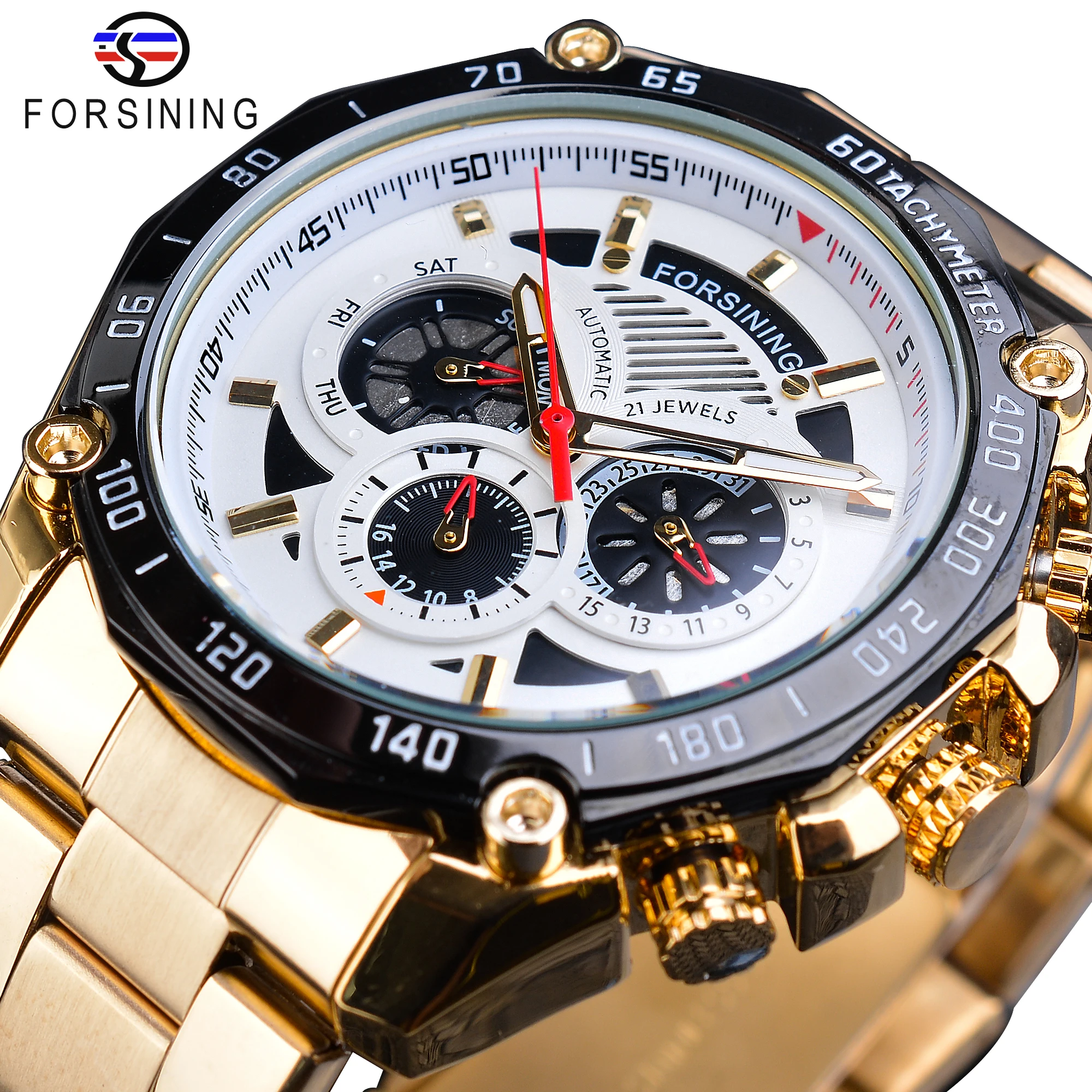 

Forsining Fashion Men Sport Watch Automatic Multifunction Waterproof Date Golden Steel Band Mechanical Wrist Clock Horloges Gift