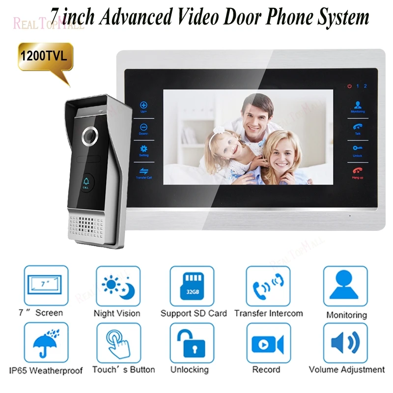 

7 Inch 1200 TVL Video Door Phone Monitor Intercom System Kit Doorbell Camera Night Vision Recording SD Card Support
