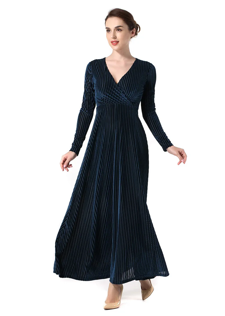 

2017 Women Fashion New Autumn Winter Elegant Long Style Party Dresses Long-sleeved Gold Velvet Sexy V-neck Dress Party Dress