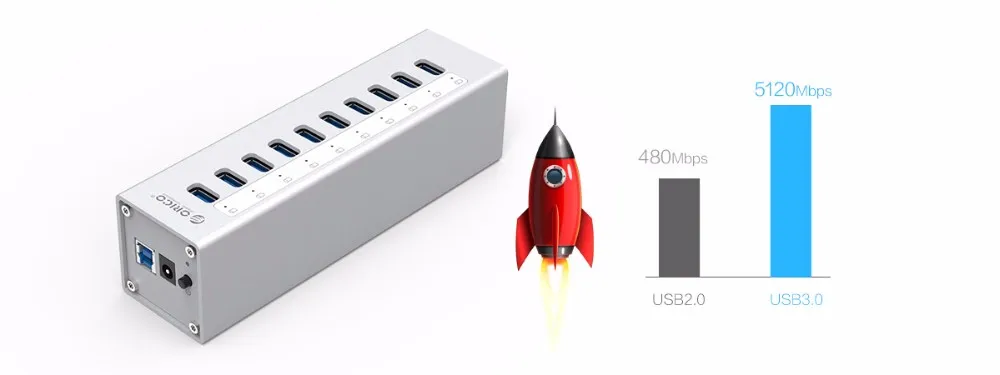 ORICO A3H10 USB 3,0 концентратор высокого качества с адаптером питания алюминиевый 10 портовый USB 3,0 концентратор-серебро