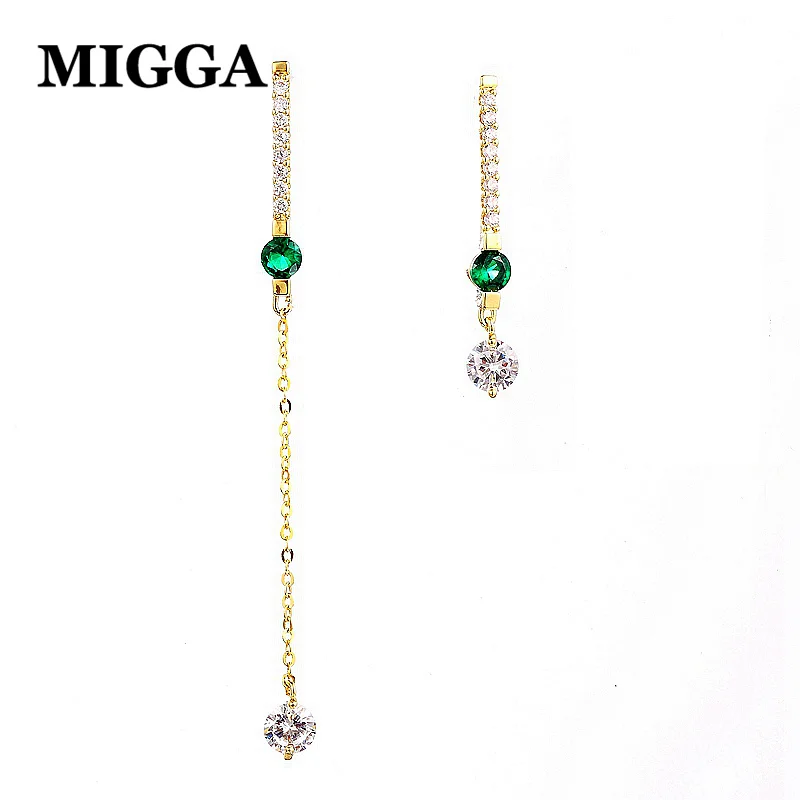 

MIGGA Asymmetrical Design Green CZ Stone Zircon Crystal Long Earrings for Women Gold Color Dangle Earrings