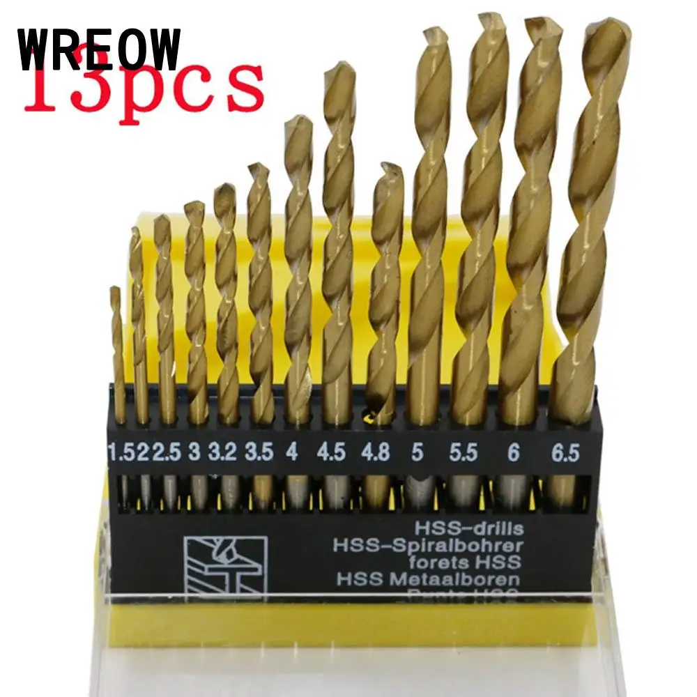 

13 PCS Round Shank Coated HSS Titanium Twist Drill Bit Set 1.5-6.5mm Home Tool Accessories