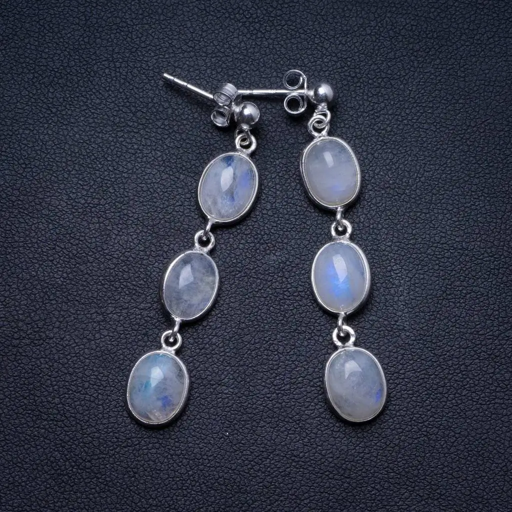 

Natural Rainbow Moonstone Handmade Unique 925 Sterling Silver Earrings 2" X3830