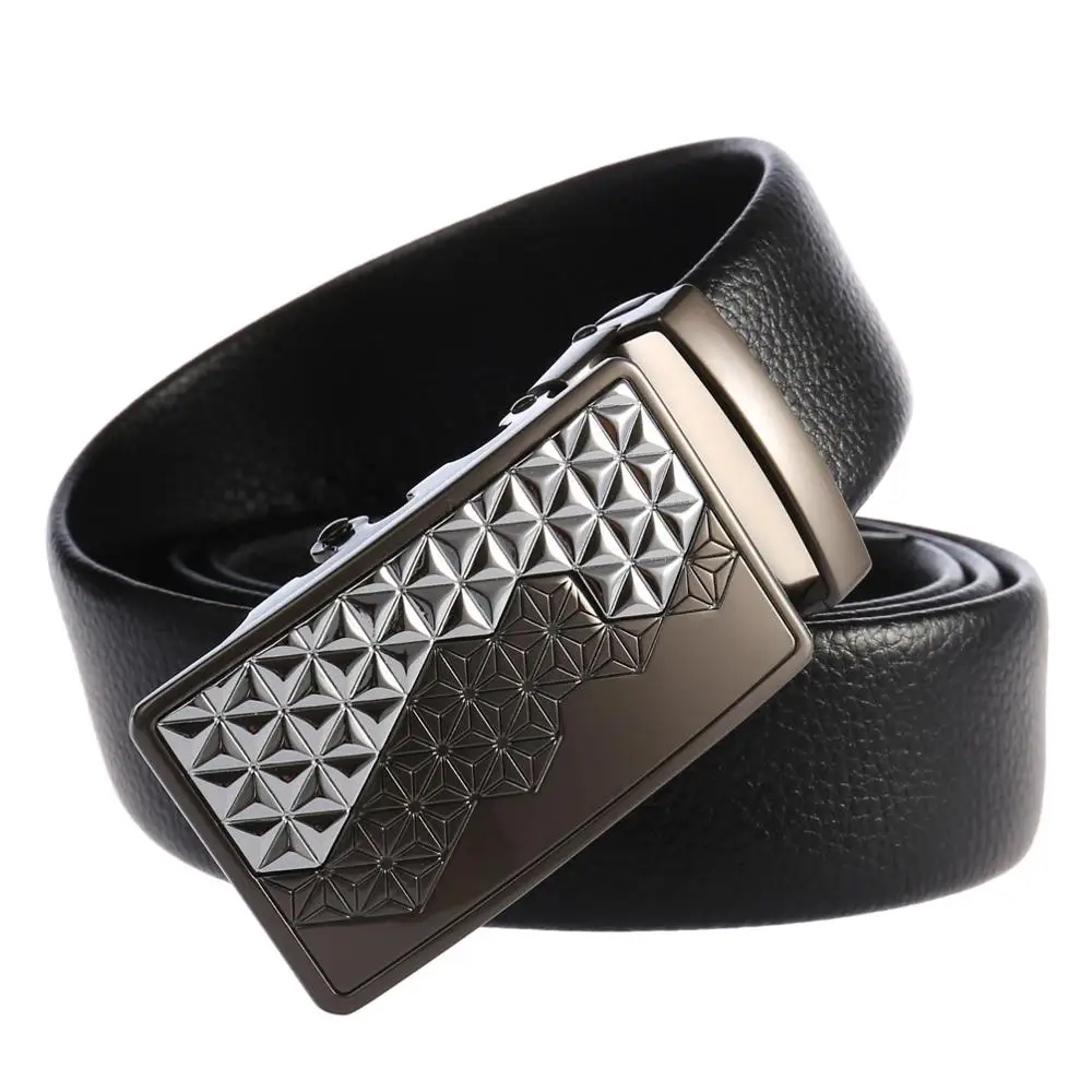 

Men Fashion Belt Solid Black Automatic Rachet Buckle Black Lether Waist Band HKN104