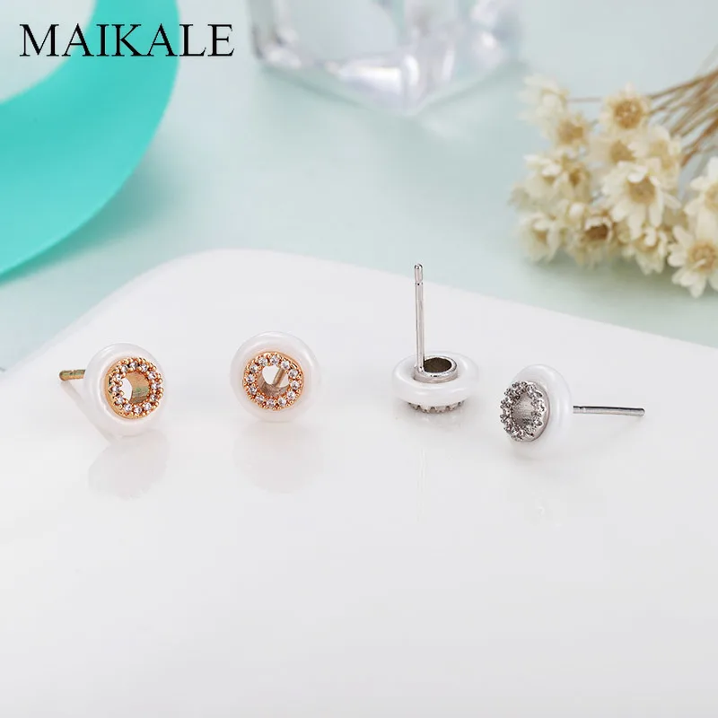 Женские маленькие керамические серьги MAIKALE, модные круглые серьги-гвоздики с золотистым/серебристым покрытием и драгоценным камнем, бижутерия для подарка