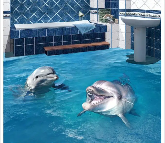 

Custom photo floor wallpaper Dolphins swim sitting room bathroom 3 d floor 3d mural PVC wallpaper self-adhesion floor wallpaer