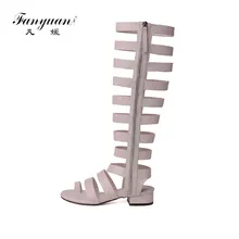 Fanyuan/стильные женские сандалии-гладиаторы летние сапоги до колена из натуральной кожи с вырезами Повседневная обувь на среднем каблуке на молнии для девочек