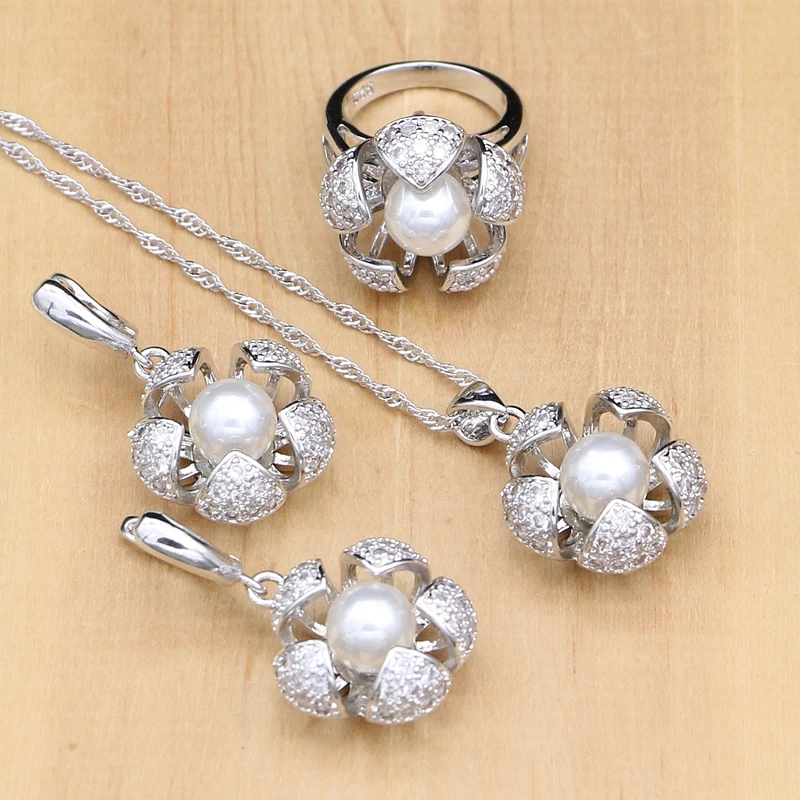 Billige Blume Geformt 925 Silber Schmuck Sets Süßwasser Perlen Mit Zirkon Perlen Frauen Schmuck Set Hochzeit   Verlobung Schmuck