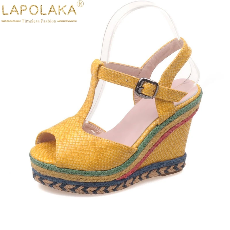 

LAPOLAKA American Ethnic Wild t-strap High Heel Wedge Open Toe Platform Buckle Up Summer Shoes Woman Sandals Large Size