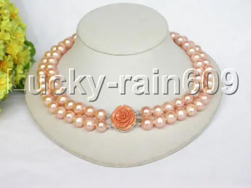 

FREE SHIPPING Excellent luster 17" 11mm 2row round pink pearls necklace 925 silver clasp e1601