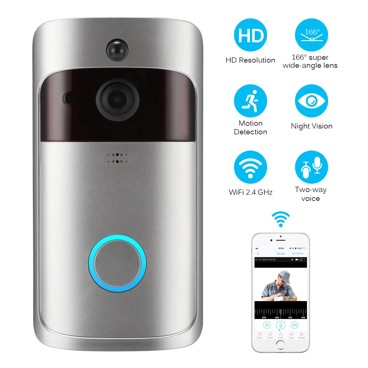 

ABEDOE Smart Doorbell Door Bell Remote Monitoring Doorbell WIFI Smart Visible Digital Door Viewer Voice Call Home Security