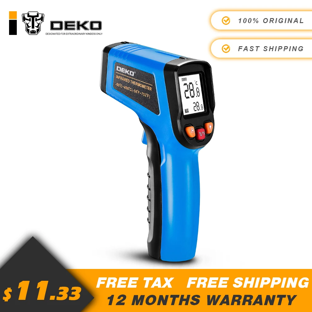 

DEKO CWQ01 Digital Dual Laser Infrared Thermometer Surface Temperature Gun Non-Contact Adjustable Emissivity Pyrometer BLUE