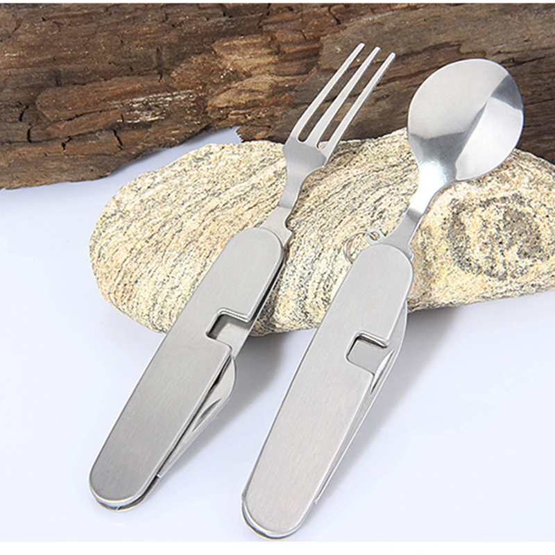 3 in 1 Folding Outdoor Camping Picnic Tableware Stainless Steel Cutlery