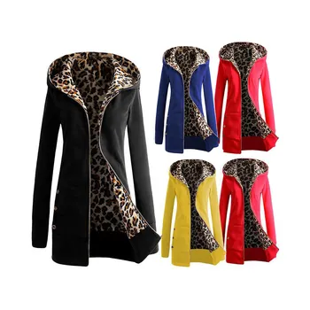 

Women Winter Overcoat Leopard Zipper Hooded Long Sleeves Fleece Lined Slim Fit BMF88
