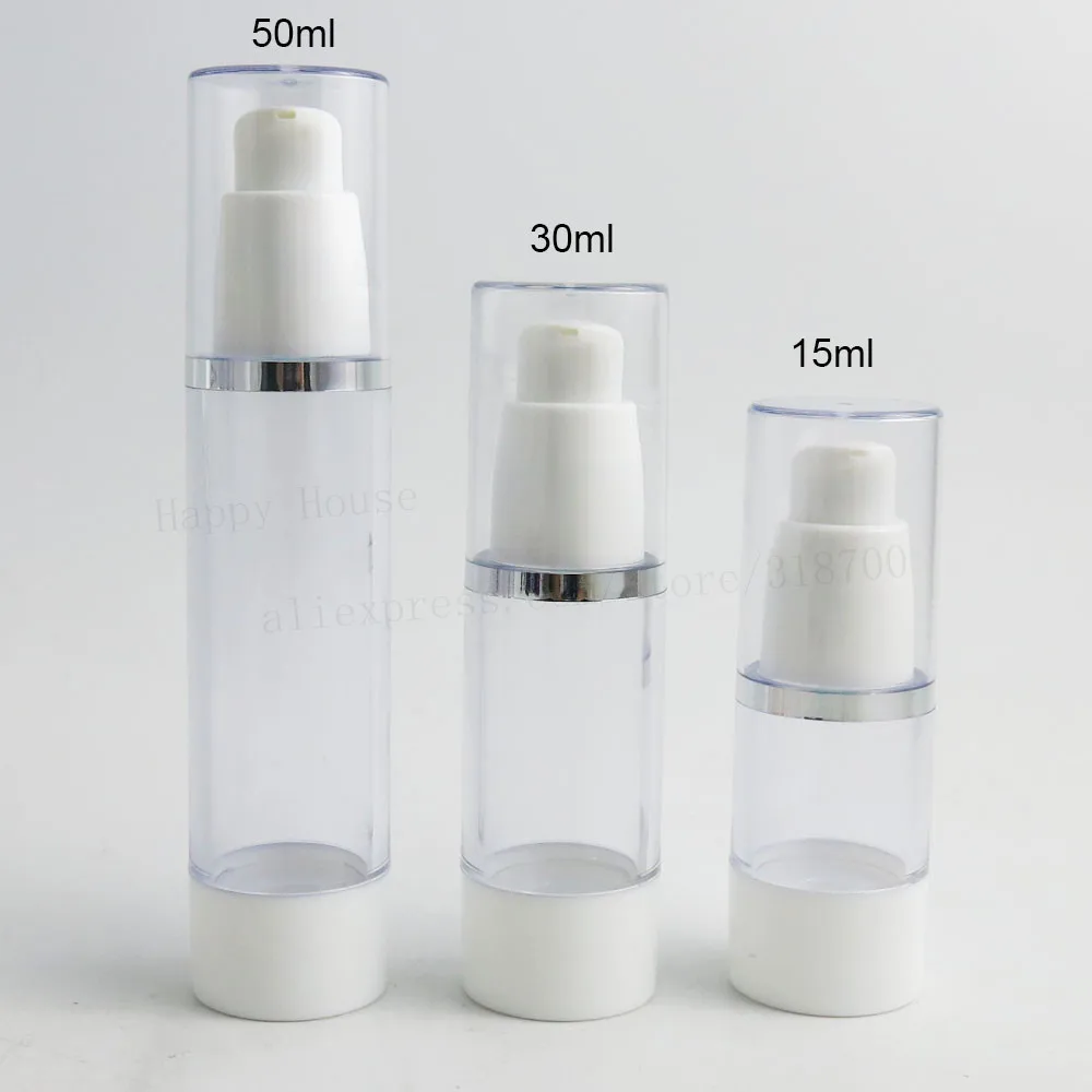 

24 x 15ml 30ml 50ml Clear Plastic Airless White Pump Bottle with silver-edged lid Refillable Cosmetic Lotion Packaging Container