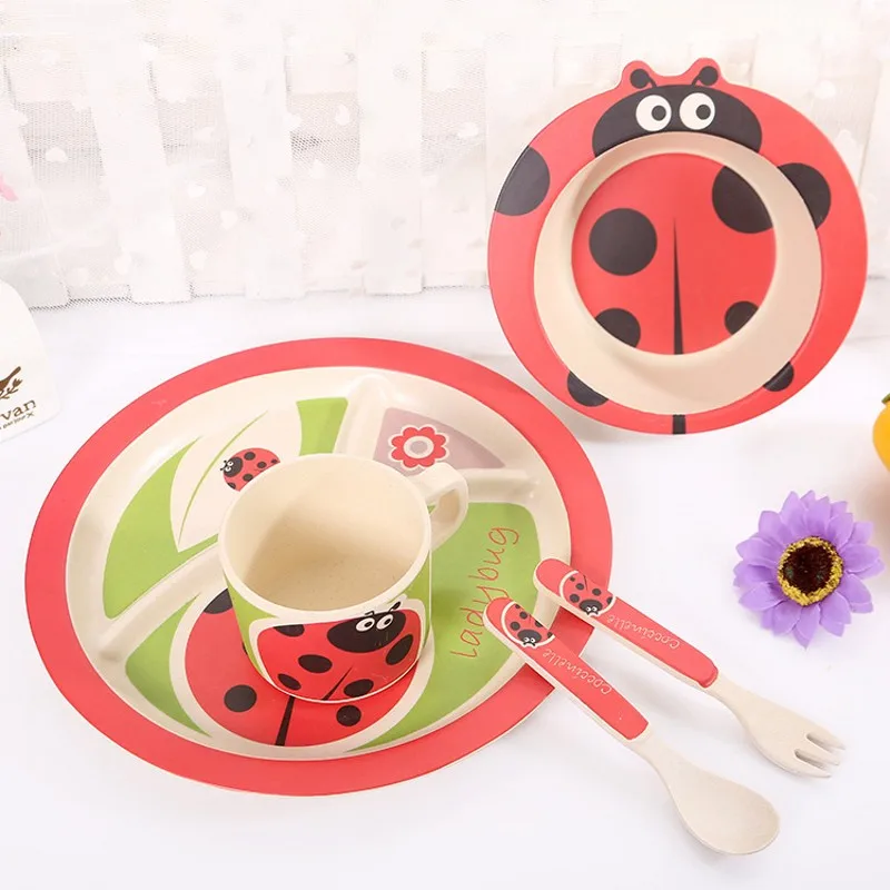 Детская Экологическая посуда, набор из бамбукового волокна, три столовых набора из 5 предметов, разные стили, дизайн детской посуды - Цвет: ladybug