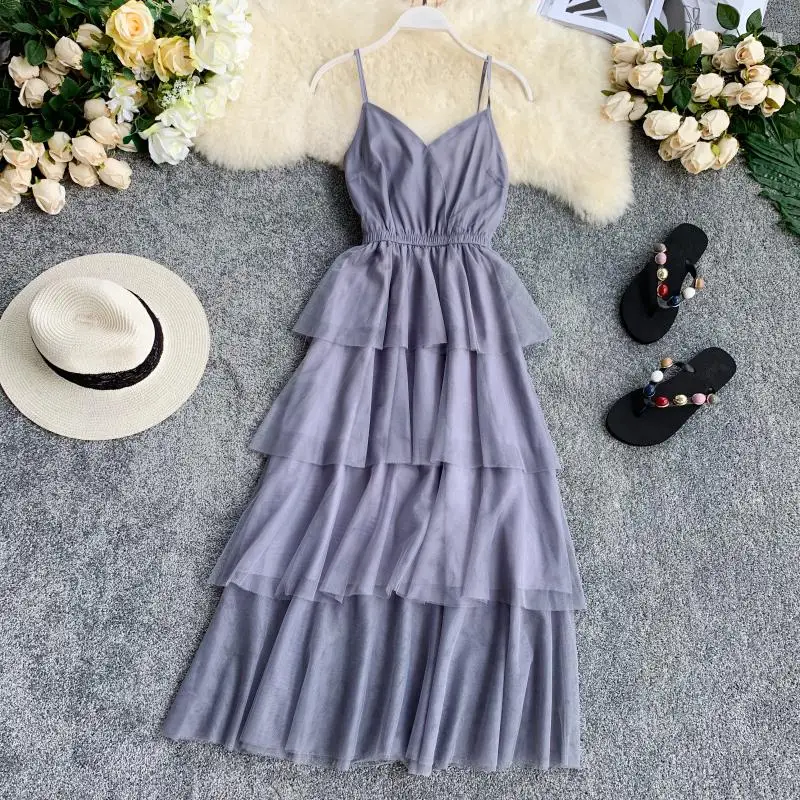

HISUMA summer new female strap V collar elastic waist layer ruffles mesh ball gown dress women's elegant sling tiered dresses
