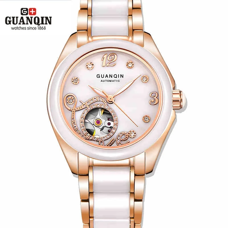 

GUANQIN Ceramic Women Watch Automatic Mechanical Watches Hollow Waterproof Watch Ceramic Watch Strap Rhinestone Shell Pattern