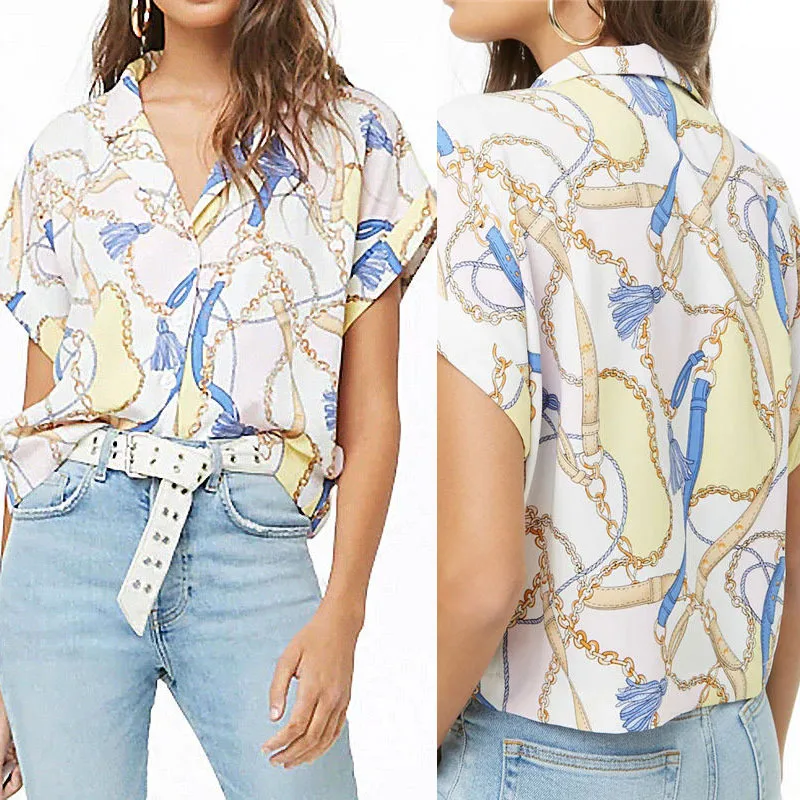 

Fashion Summer 2019 European American Leisure Printed V-collar Short Sleeve Woman's Chiffon Shirt