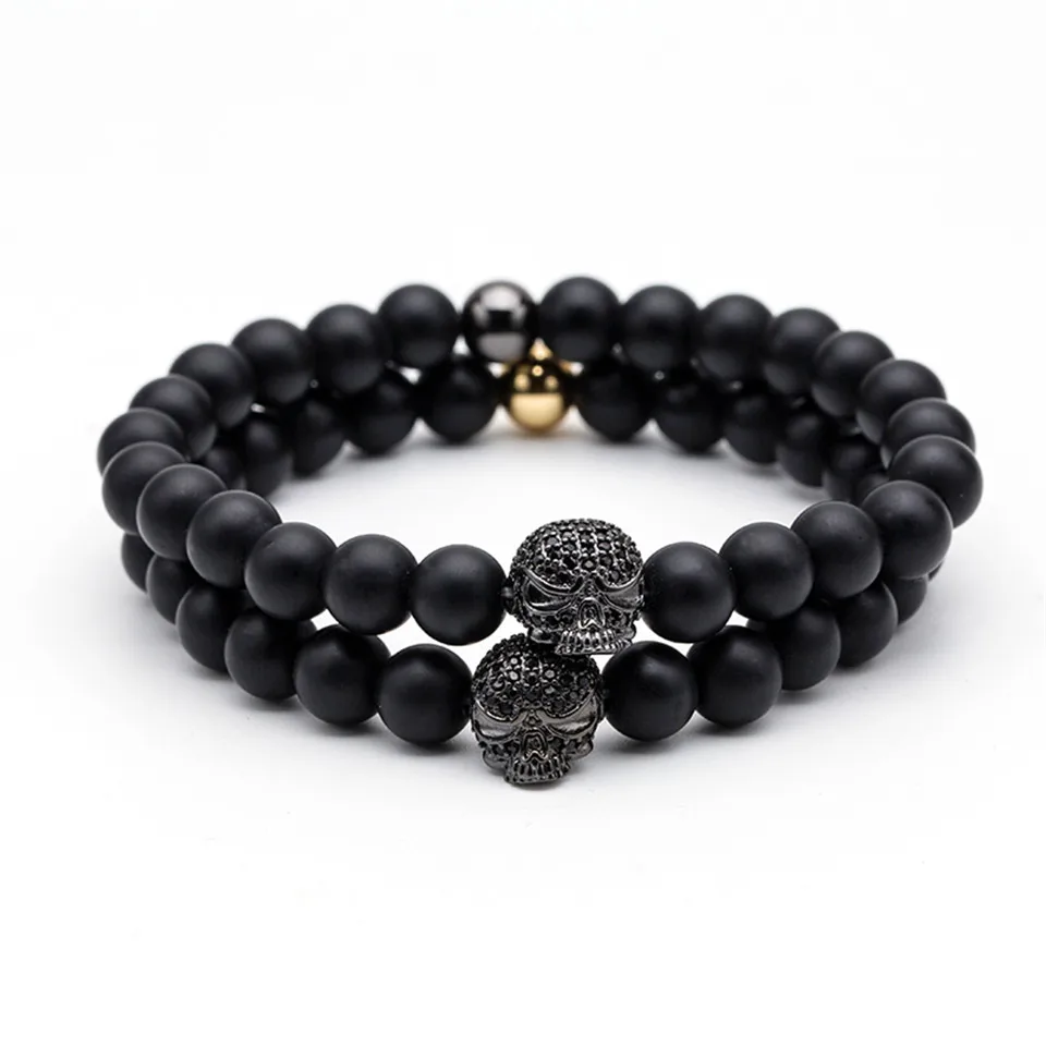 

Trendy natural beads strand bracelet Micro pave zircon skeleton skull black lava rock stone energy men crown bracelets jewelry