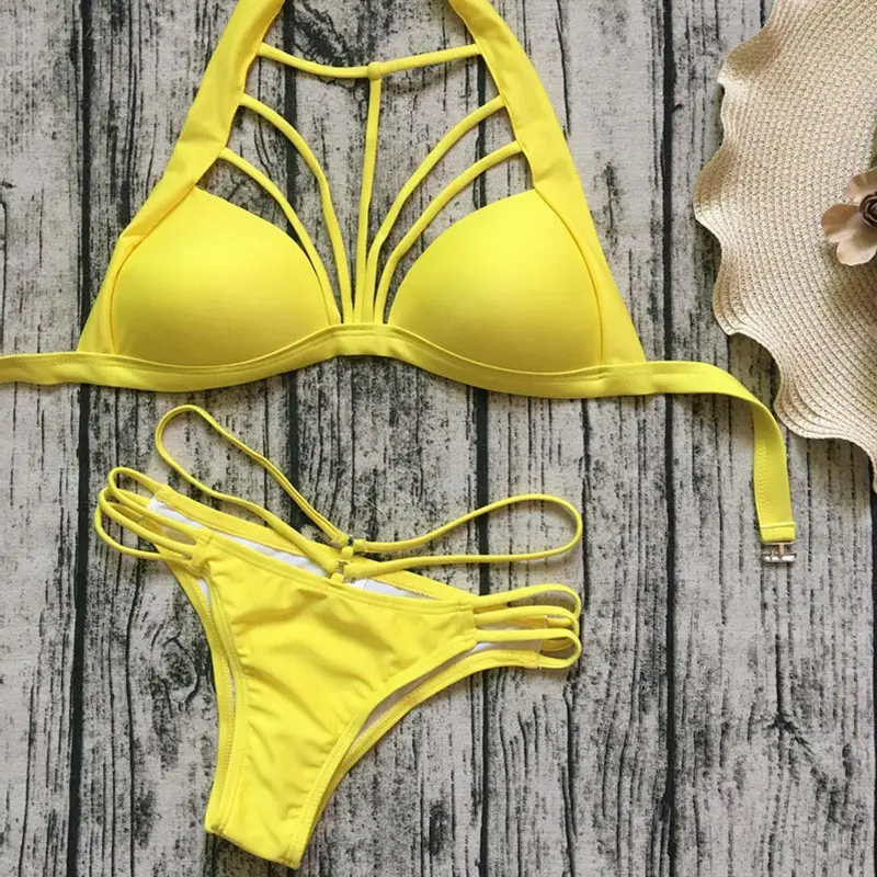 

2018 Yellow Support Swimsuit Swimwear Pads Hollow Bikini Set Swimming for Women String Cut Out Bathing Suit Underwire Bikinis
