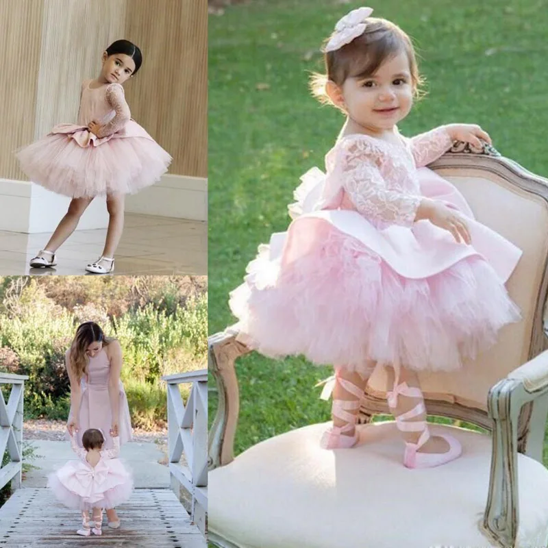 Buy Pink Cupcake Toddler Flower Girl Dress Lace Long Sleeves Kids Girl Pageant