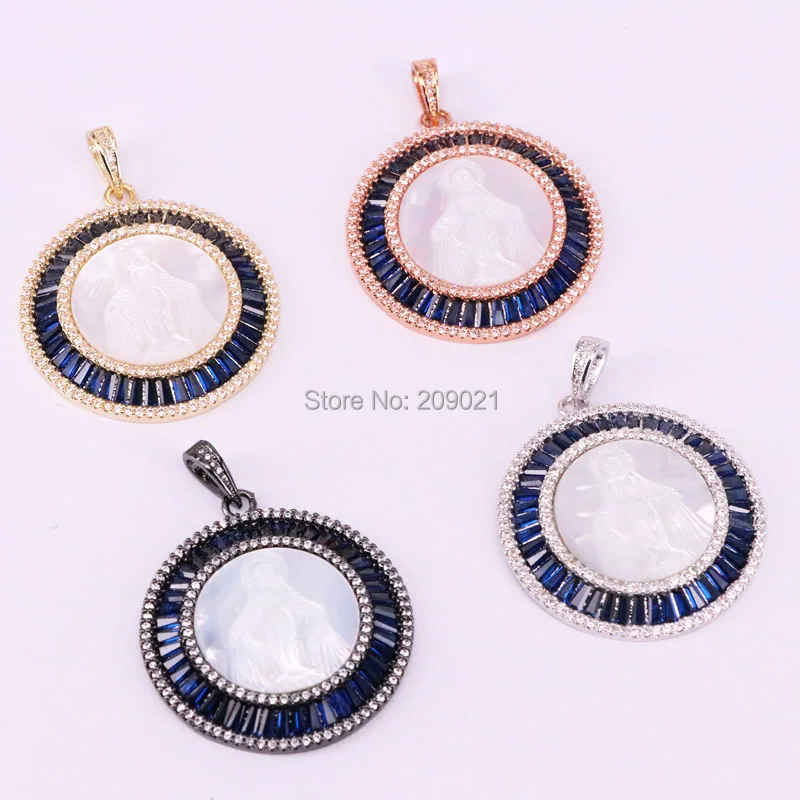 

3Pcs Micro Pave Cz Mop Shell Jesus Round pendant, 37mm, Crystal Zirconia White Shell pendants