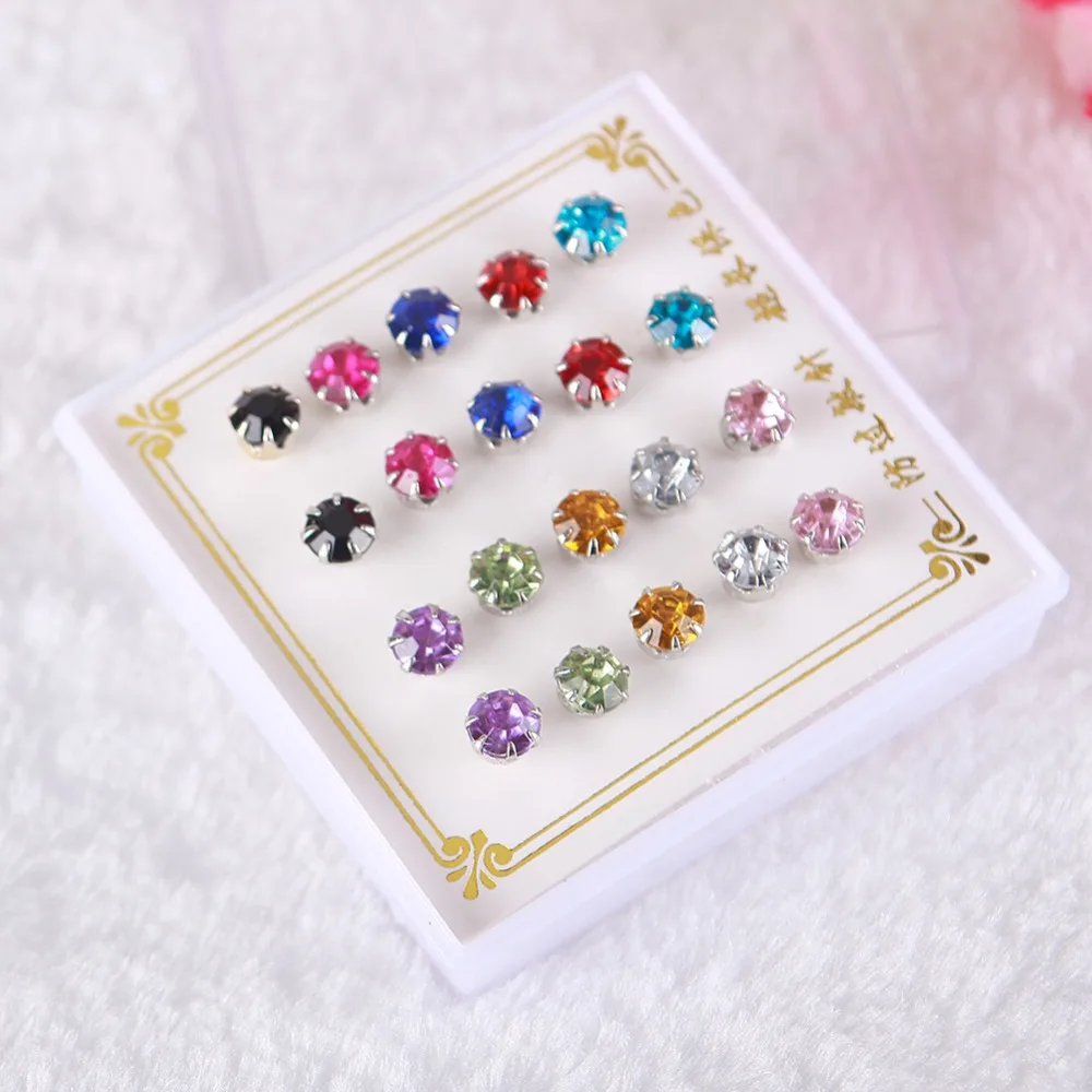 10Pairs Silver Plated Ear Stud Earring Sets Colorful Crystal Rhinestone