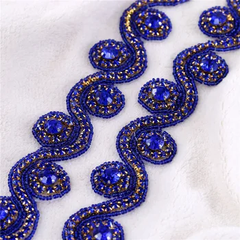 

XINFANGXIU (2*5 yards)Iron on Sewing Blue Sparkly Rhinestone Applique Trim Glass Beaded Crystal Trim Belt for Wedding Dresses