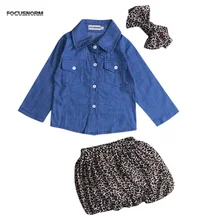 3 шт. комплект Симпатичная Одежда для маленьких девочек осень Дети деним Топы Корректирующие+ леопардовая юбка-брюки юбка наряды детская одежда для девочек комплект