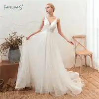 White/Ivory Boho Wedding Dresses 2019 V-Neck A-Line Lace Wedding Gown Long Sexy Beaded Bridal Dress Vestido de Novia SW1