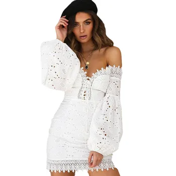 

Paris Girl White Embroidery Elegant Spring Summer Bandage Dresses Women Beach Sundress Sexy Off Shoulder Party Wrap Bodycon