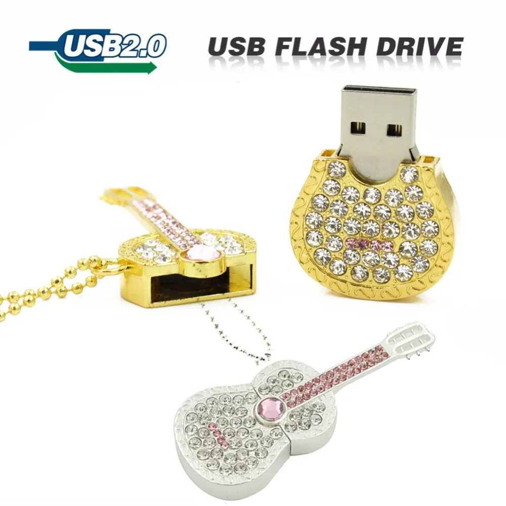 USB Металический флеш-накопитель в виде гитары. Цвет - метал+стразы (8GB 16GB 32GB 64GB) - изображение