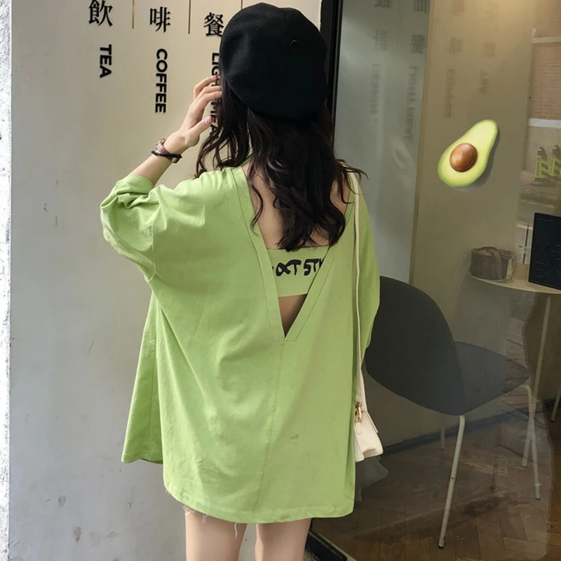 

harajuku Back hollow creative women t shirt summer new letter printing tshirt female korean casual loose soft tops long t-shirts