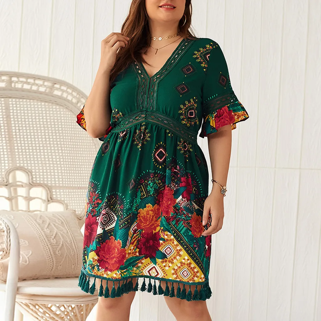 

Plus Size Fashion Boho Print Tassel Short Dress Sexy V-Neck Swing Dress Sundress Womens Casual Beach Party Dress Vestido de fest