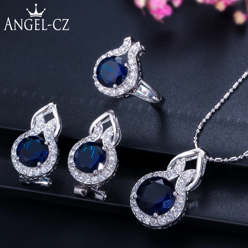 

ANGELCZ Elegant Blue Zircon Jewelry Micro Pave Round CZ Stones Silver 925 Ring Earrings And Necklace Set For Women Gift AJ013