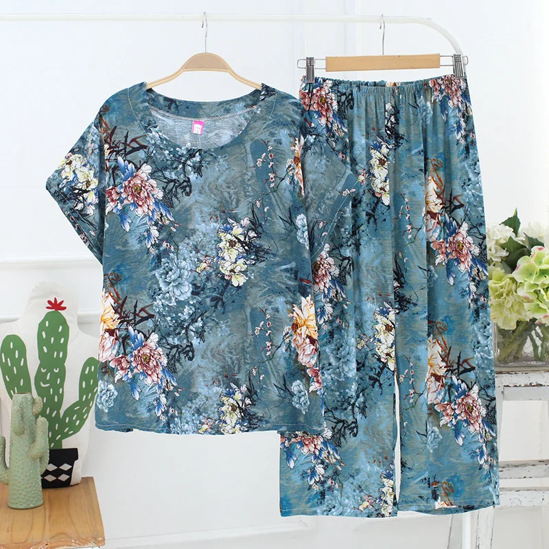 

pajamas for women 2 pcs for clothes silk thin short sleeve and pants pajamas set sleepwear famale pajamas set home suit